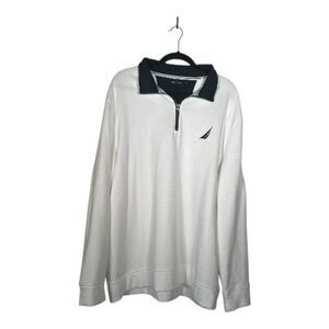 Nautica Quarter Zip Pullover Sweater White with Navy‎ Blue Accents